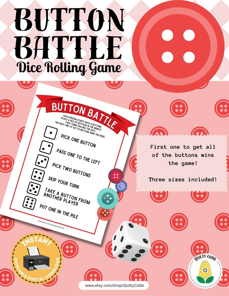 the button battle dice rolling game is shown in red and white with buttons on it