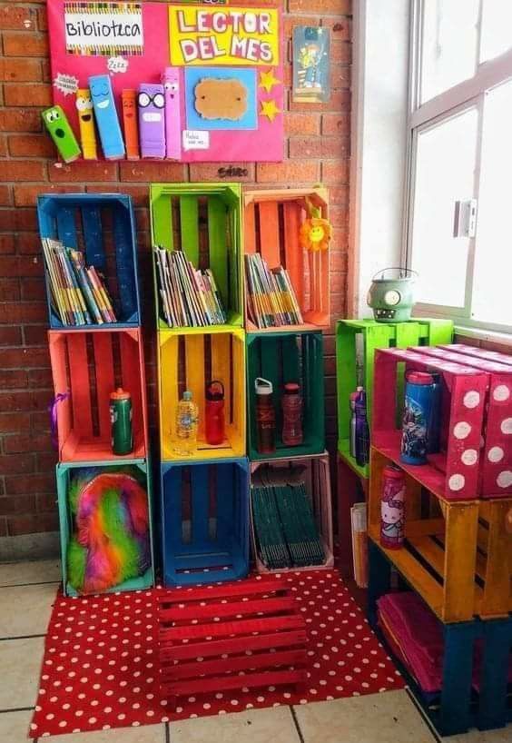 colorful bookshelves are stacked on top of each other