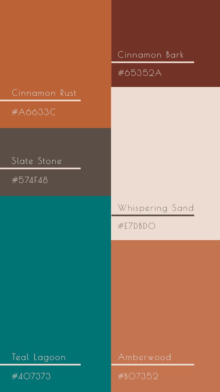 the color palette for cinnamon rust, teal stone, whispering sand, and whitewood