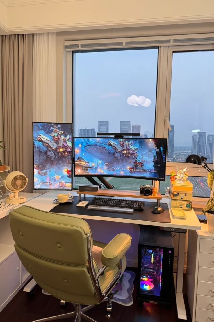 a desk with two computer monitors and a chair in front of large windows overlooking the city