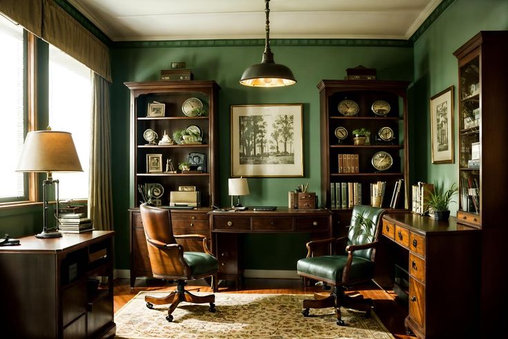 a home office with green walls and wooden furniture, including a desk and two chairs