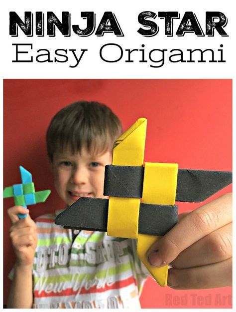 a young boy holding an origami airplane with the text ninja star easy origami