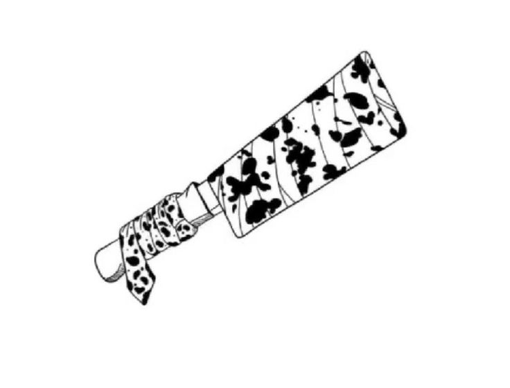 a black and white drawing of a knife with hearts on it's blade, which is cut in half