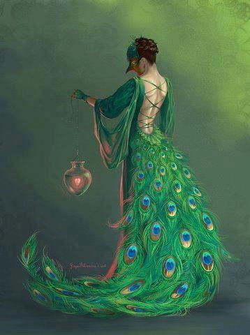 a painting of a woman in a green dress with a peacock tail