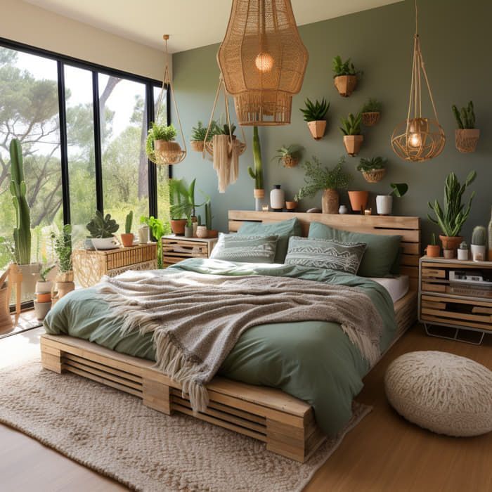 a bedroom with lots of potted plants on the wall and bed in the middle