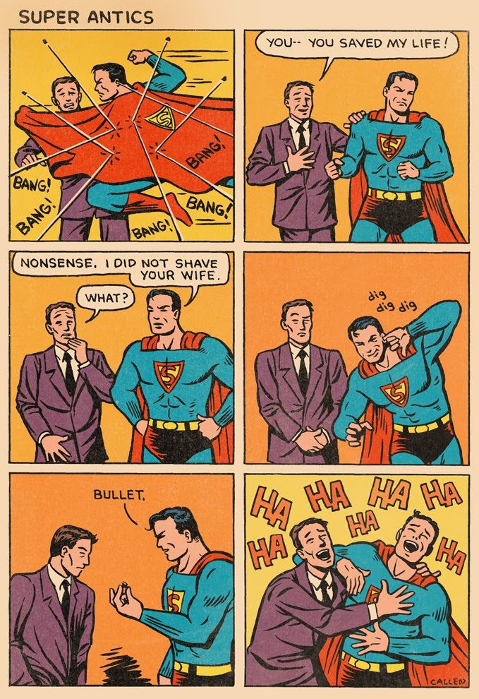 an old comic strip with two men in suits and one is being hugged by another man