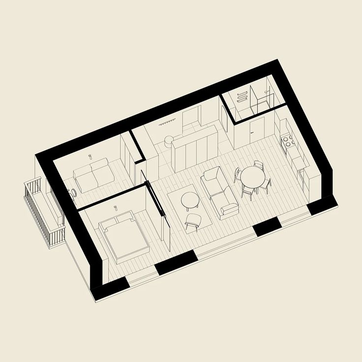 an aerial view of a living room and dining area in a house, with the floor plan drawn out