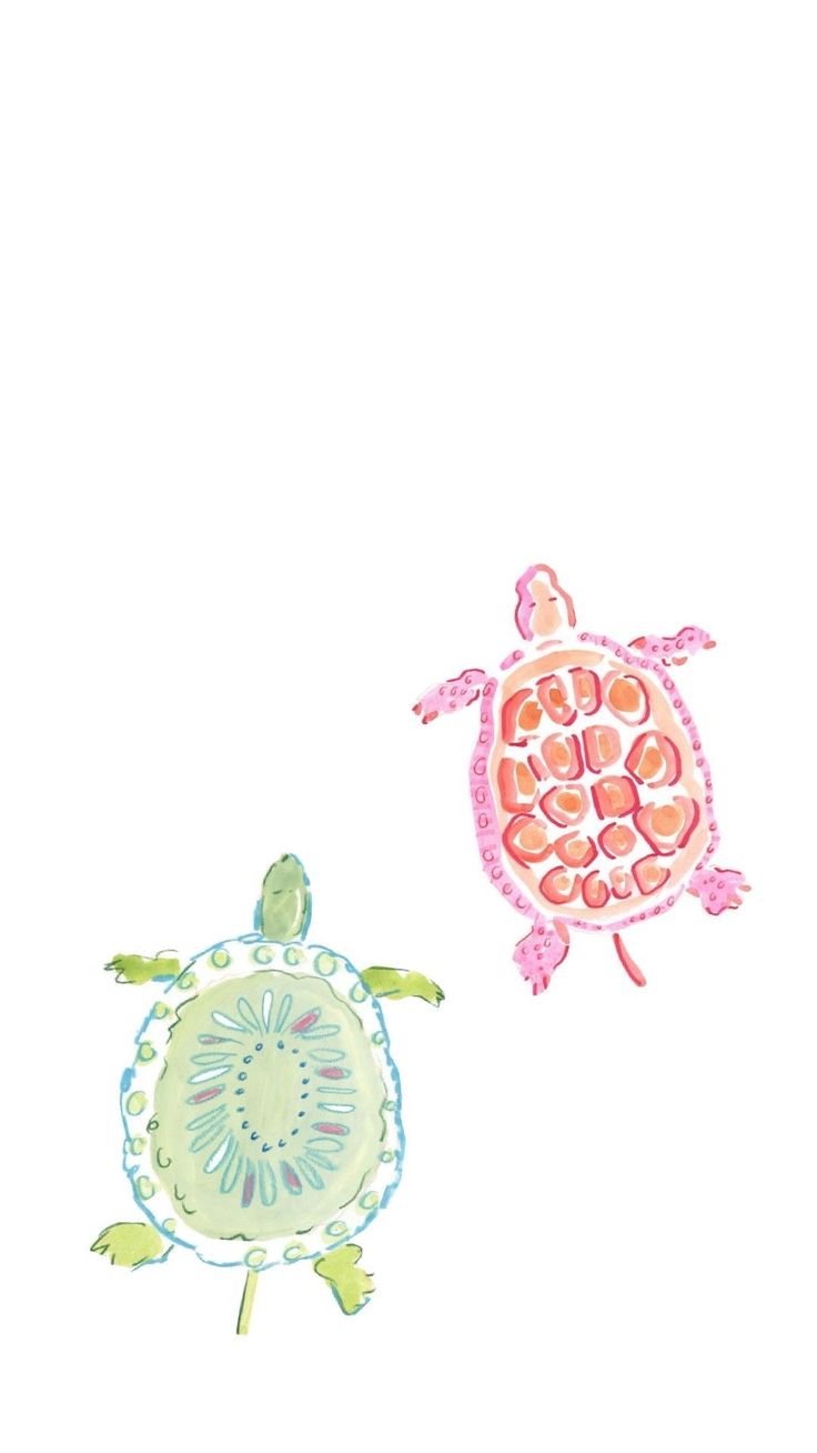 two watercolor drawings of sea turtles in different colors, one is pink and the other is green