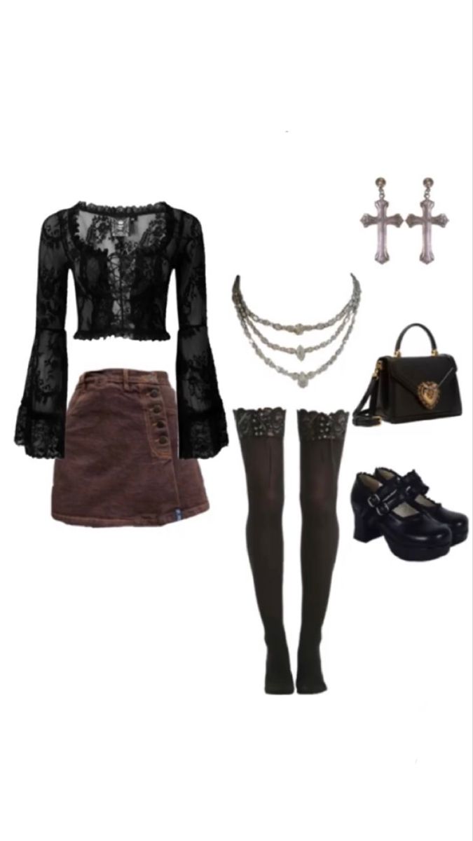 Grunge Gothic Outfits, Elegant Y2k Outfit, Coven Inspired Outfits, Gothic Outfits For School, Elegant Grunge Outfits, Dark Color Outfits, Grunge Outfits 2000s, Nana Outfits Inspired, Whimsigothic Clothes