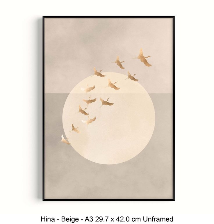 birds flying in front of the moon on a gray sky with white clouds and black frame