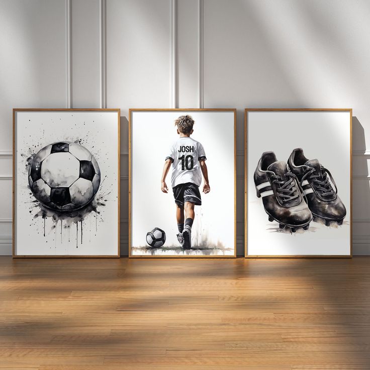 three framed pictures of soccer players with their shoes in front of them, one is kicking the ball