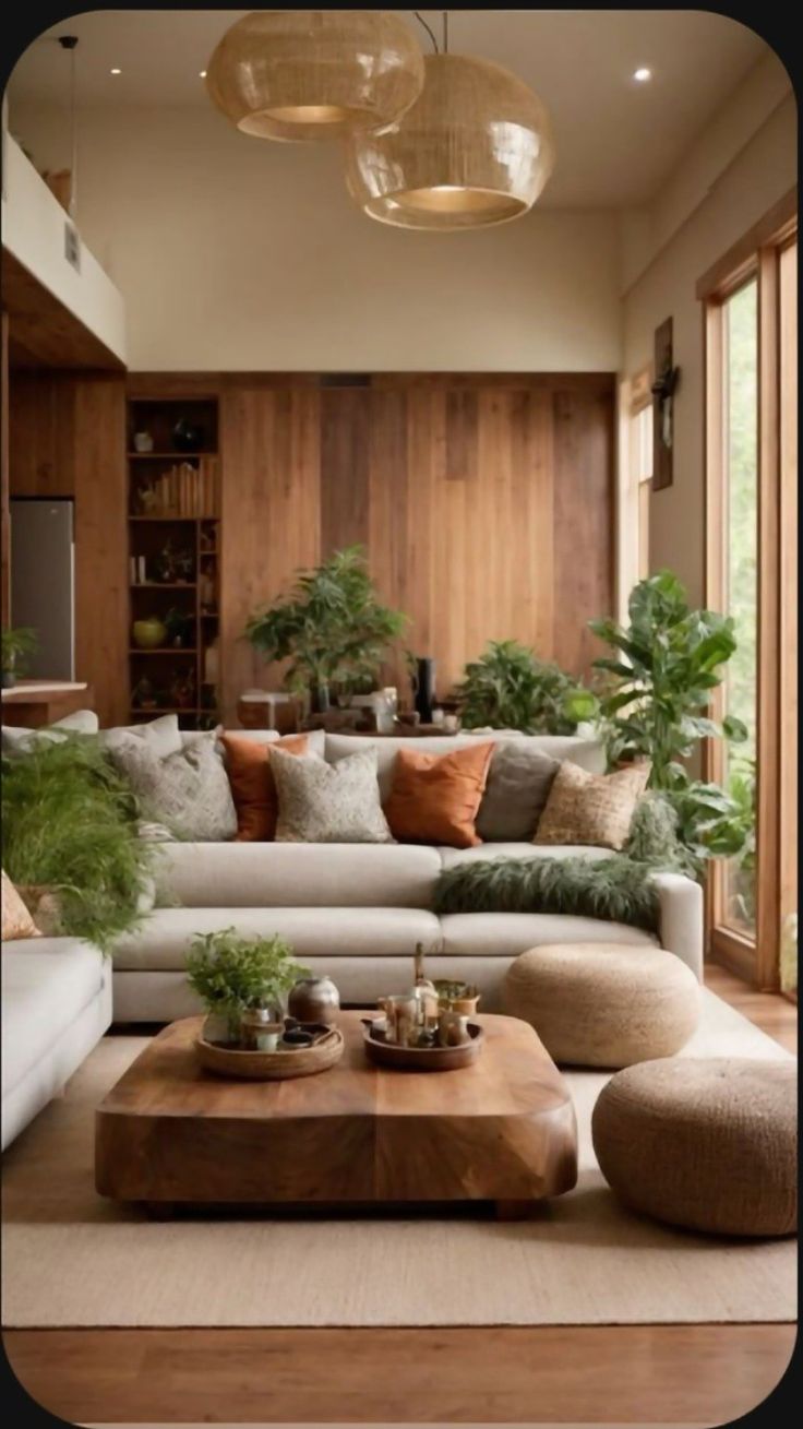 a living room filled with lots of furniture and plants on top of a wooden table