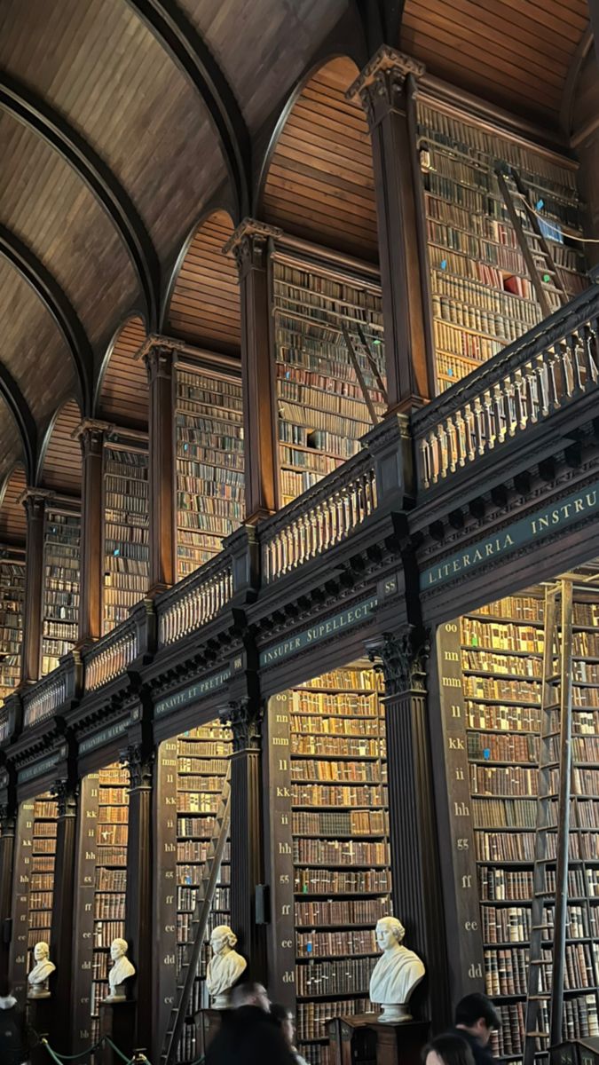 many people are walking through the library with lots of bookshelves full of books