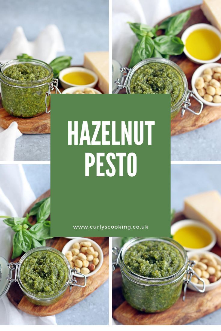 four images showing different types of pesto in jars with cheese and olives on the side