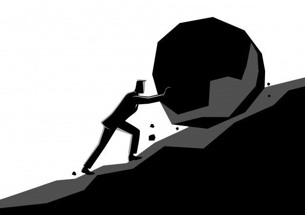 a man pushing a large rock up the side of a mountain with his hands on it