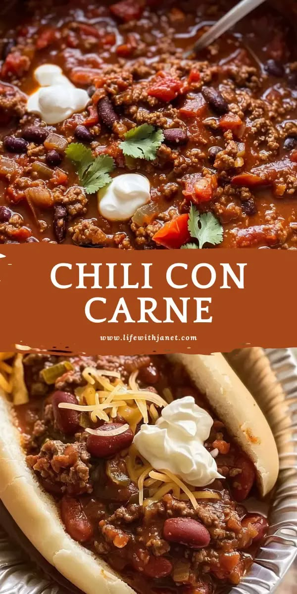 chili con carne in a bowl with sour cream on top and the title above it