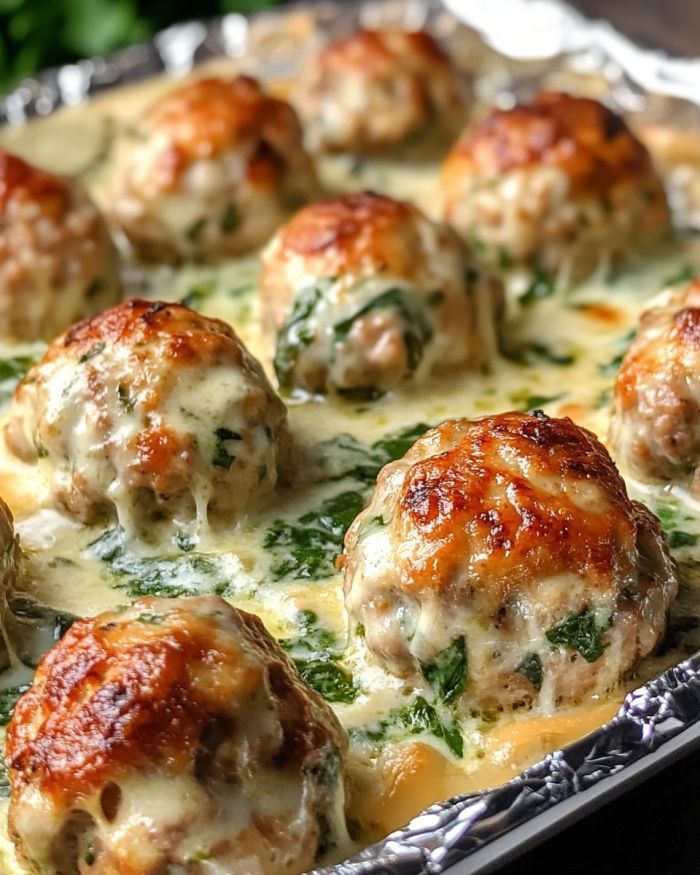 some meatballs covered in cheese and spinach on top of a baking pan with sauce