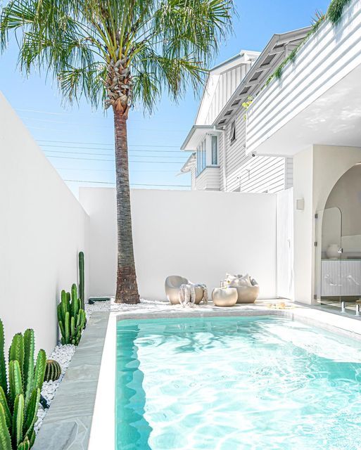 a palm tree sitting next to a swimming pool in a home's back yard