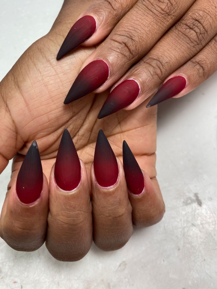 Matte Red Ombre Nails, Black Pointed Nails Design, Black Matte Nails With Red Under, Matt Black And Red Nails, Black And Burgundy Wedding Nails, Hades And Persephone Inspired Nails, Ombre Dark Red Nails, Vampire Nails Gothic Short, Red And Black Coffin Nail Ideas