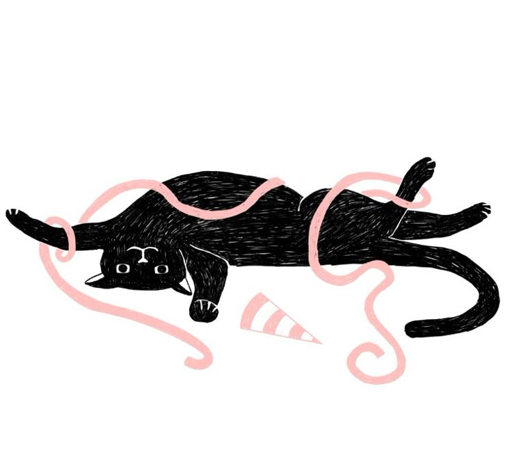 a black cat laying on its back with pink tape around it's neck and eyes