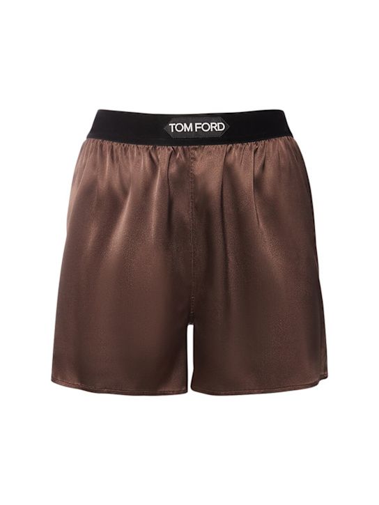 Logo silk satin mini shorts - Tom Ford - Women  | Luisaviaroma Satin Lounge Shorts, Chic Silk Shorts, Satin Bottoms For Loungewear, Satin Loungewear Shorts, Satin Shorts For Loungewear, Satin Short Bottoms For Loungewear, Satin Loungewear Bottoms Short Length, Silk Bottoms With Satin Finish For Summer, Summer Silk Bottoms With Satin Finish