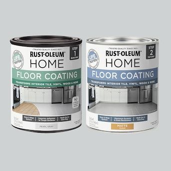 two cans of rust - oleum home floor coating next to each other on a white background