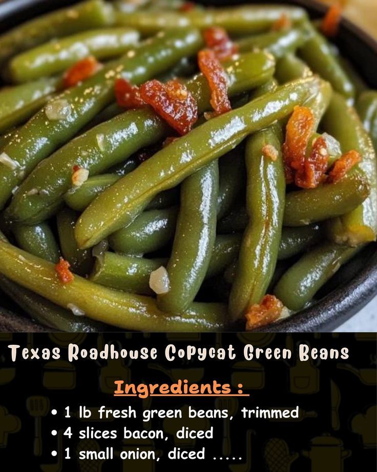 green beans in a bowl with bacon on top and text describing how to cook them