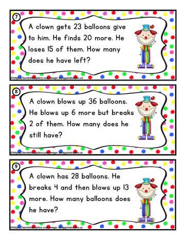 two clowns with numbers and balloons on them, one has the same number for each balloon