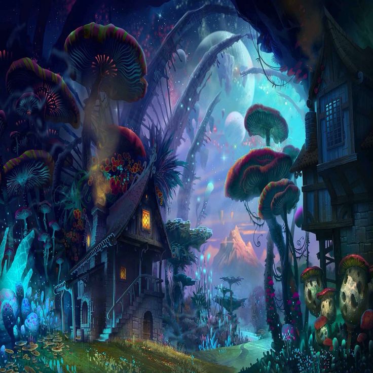 an image of a fantasy scene with mushrooms and houses in the background, as well as plants