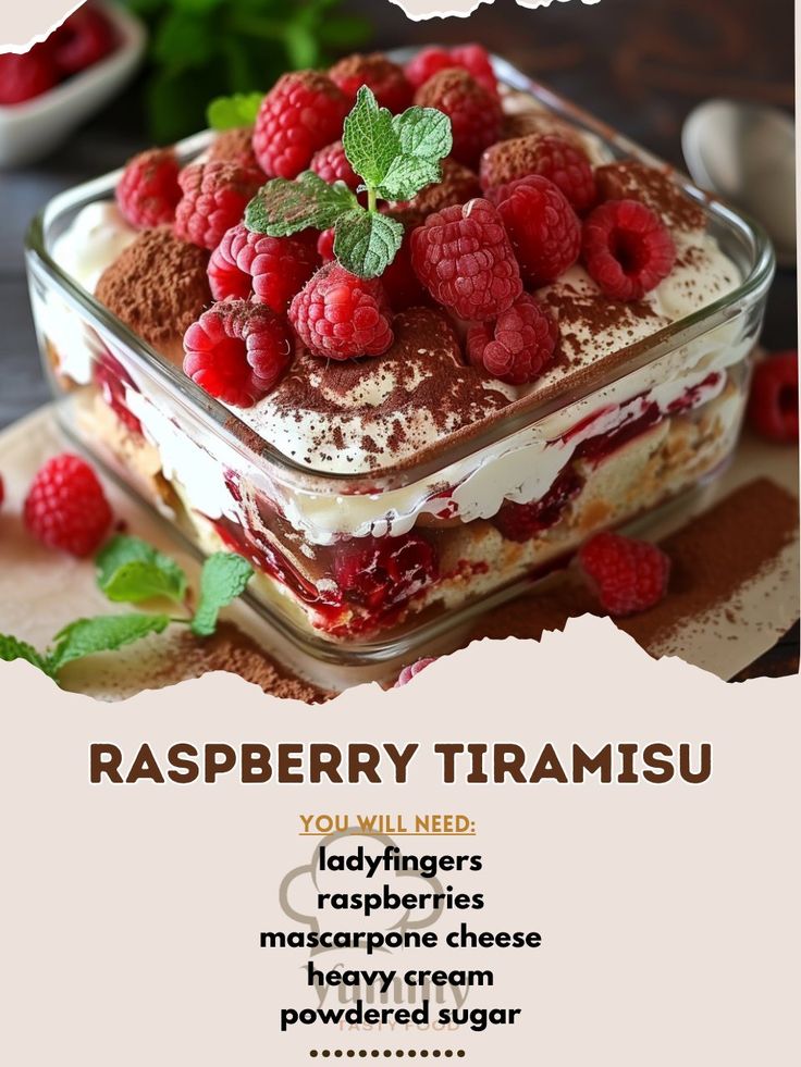 raspberry trirami dessert recipe in a glass dish with berries on top