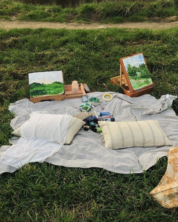 a blanket on the grass with paintings and other items laid out in front of it