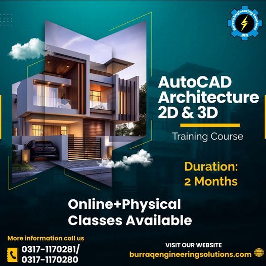 a flyer for an autocad architecture training course, with the image of a house