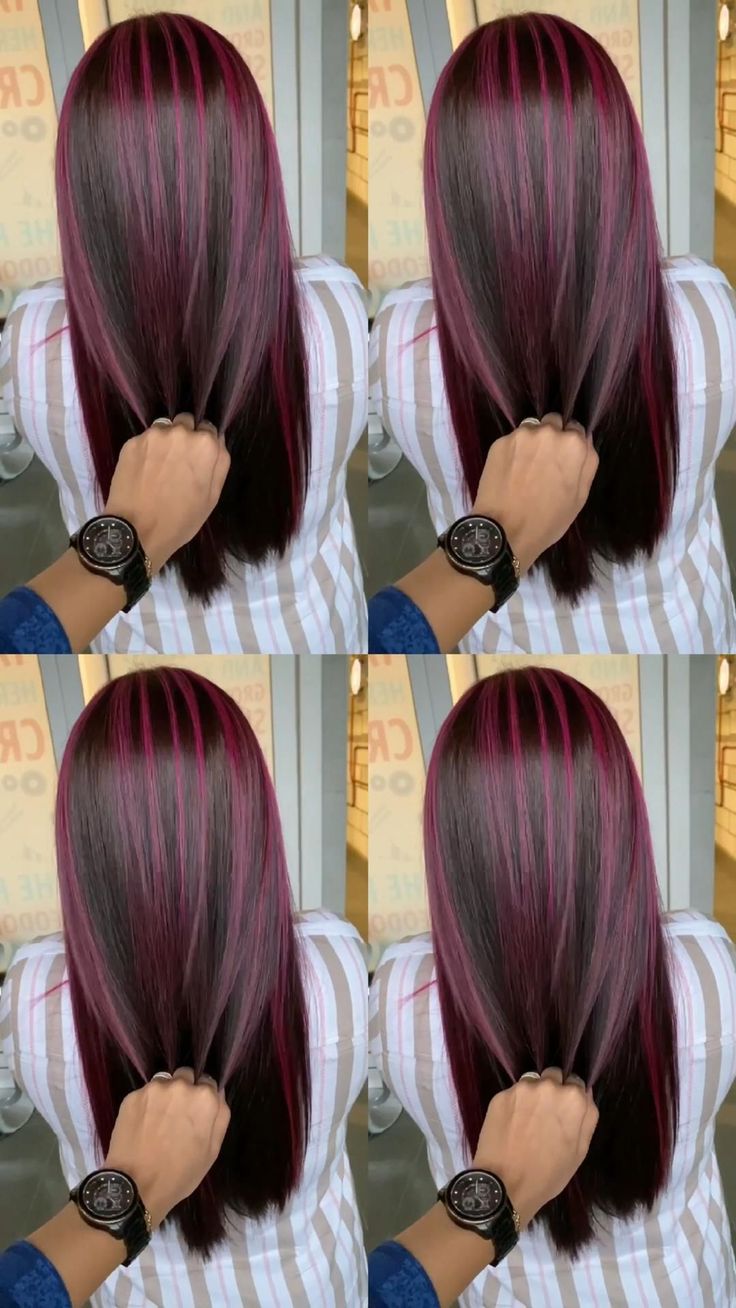 Cool Hair Color 2023, Burgandy Hair Color Highlights, Bergandi Color Hair, Bargandi Hair Colors, Burgandy Hair With Highlights Fall, Black Hair Peekaboo, Burgundy Peekaboo Hair, Color For Black Hair, Hair Color Ideas Trendy