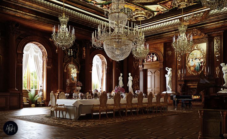 an ornate dining room with chandeliers and tables