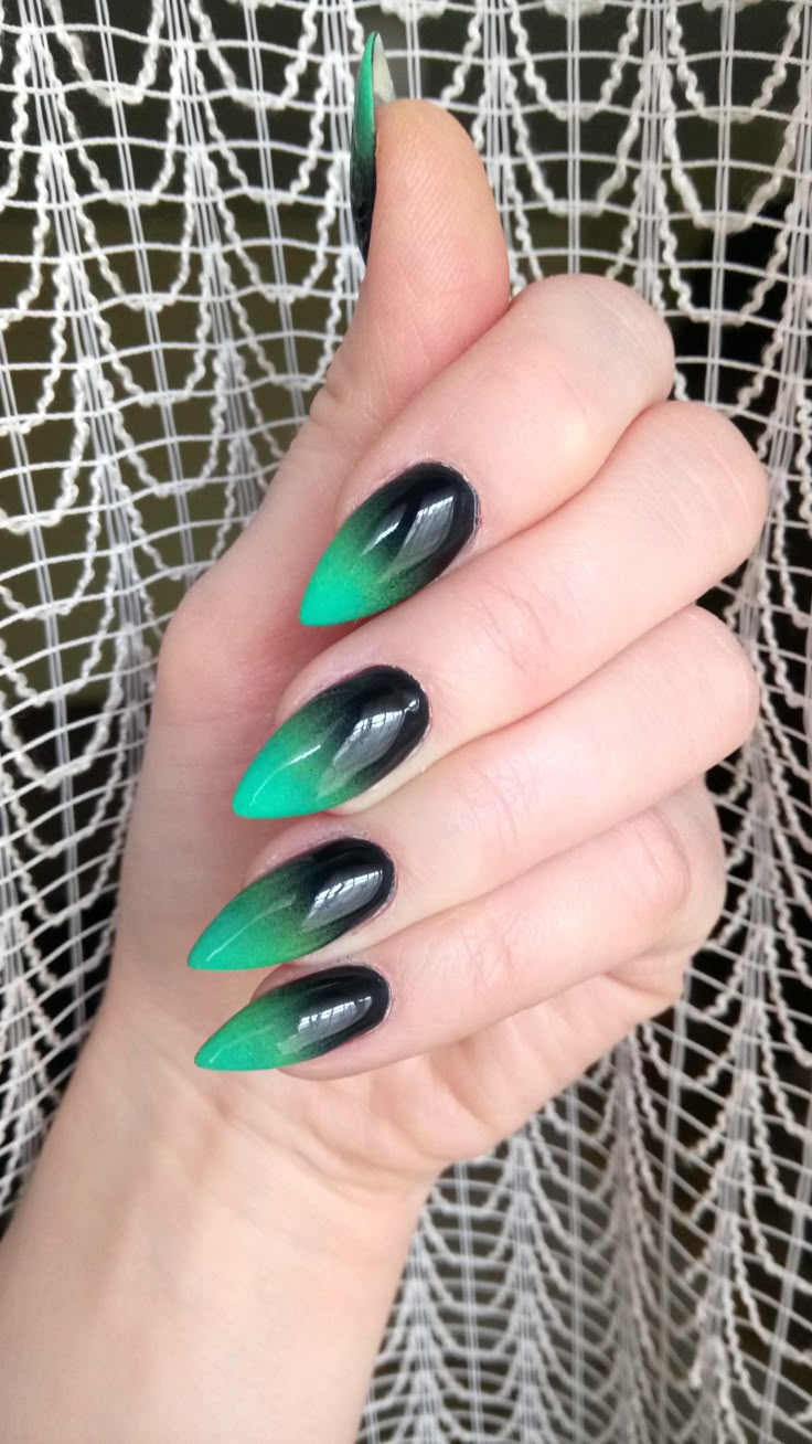 Black green ombre Green And Black Nails Ombre, Green To Black Ombre Nails, Black To Green Ombre Nails, Green Ombre Nails Almond, Green Ombre Nails Acrylic, Green Black Ombre Nails, Black Green Ombre Nails, Green And Black Ombre Nails, Black And Green Ombre Nails