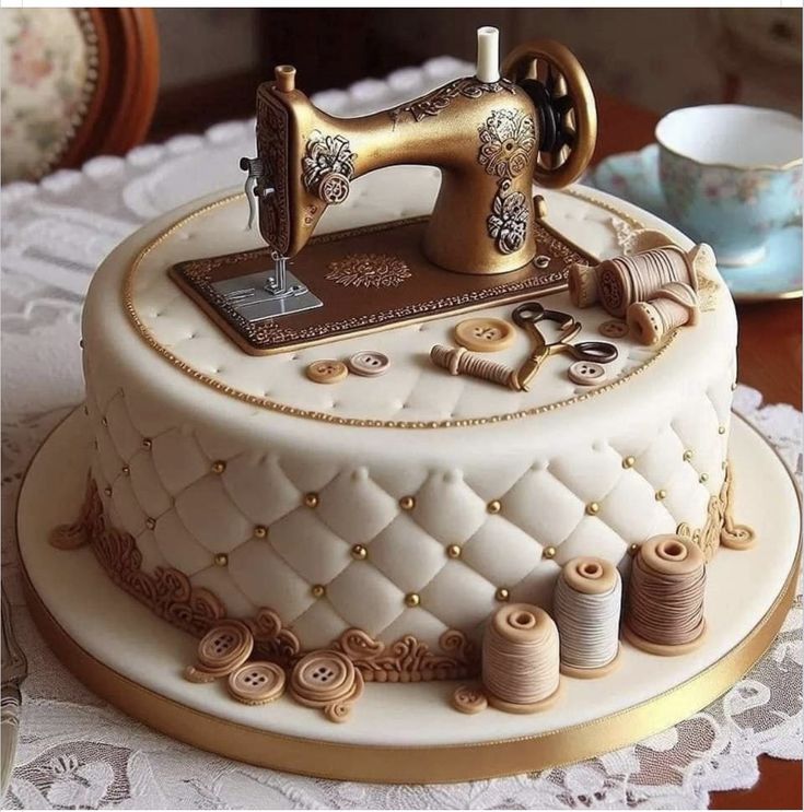 a white cake with gold trimmings and a sewing machine on top