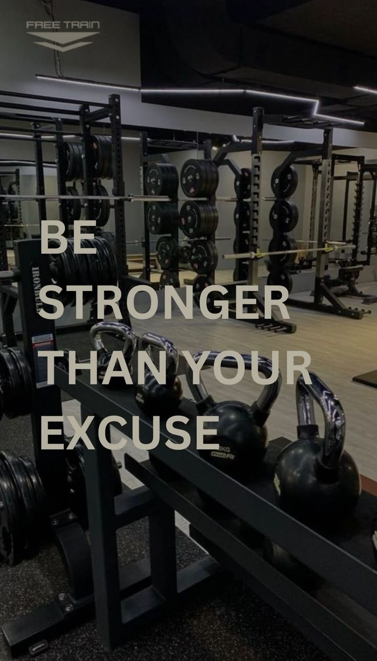 an empty gym with kettles and dumbbells in the foreground text reads, be stronger than your exercise