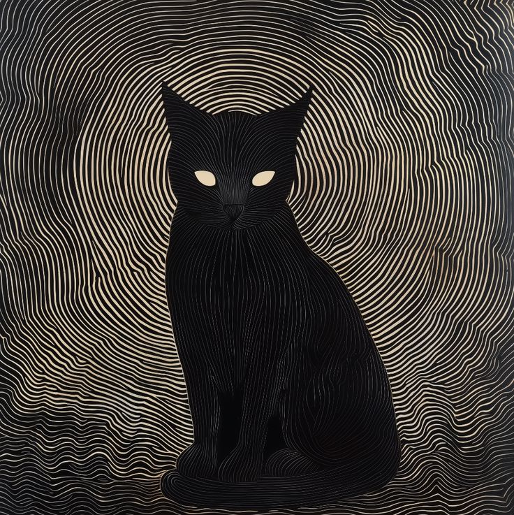 a black cat with glowing eyes sitting in front of an abstract background, surrounded by wavy lines