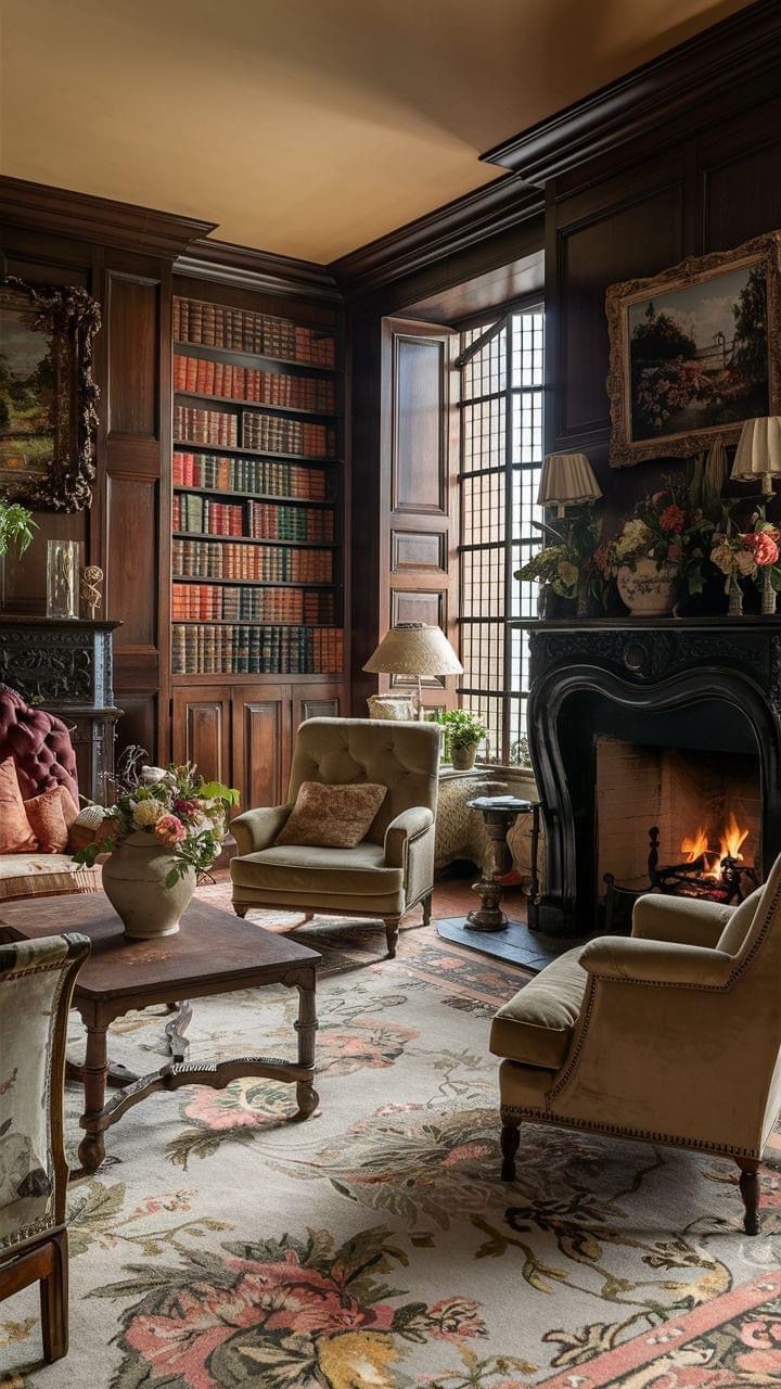 a living room filled with lots of furniture and a fire place in the middle of it