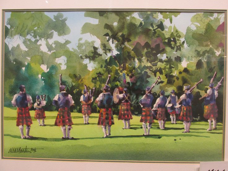 a watercolor painting of men in kilts playing bagpipes on the grass