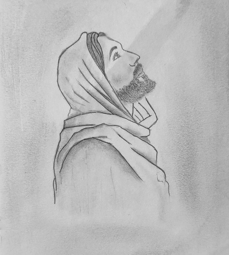 a drawing of a man with a beard wearing a shawl and looking up at the sky