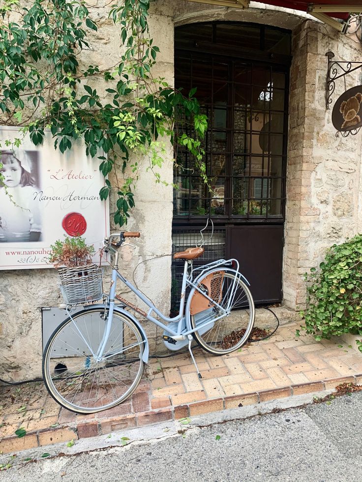 a blue bicycle parked in front of a building with plants growing out of the windows