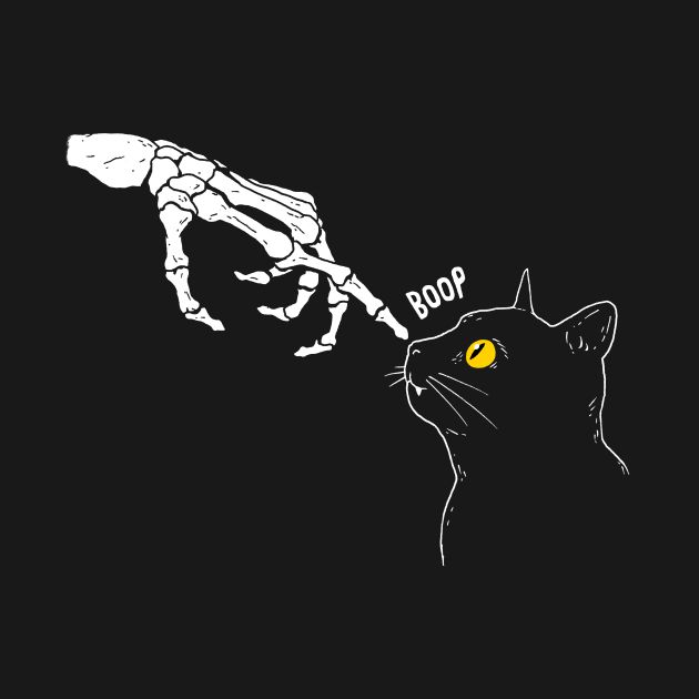 a black cat looking at a skeleton hand with the word boop written on it