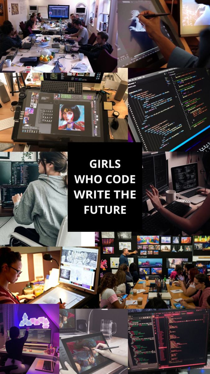 girls who code write the future on their computer screens and laptops in an office