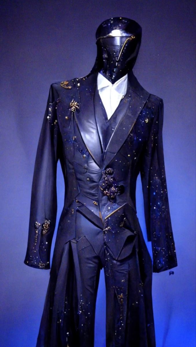 Starry Suit Men, Wizard Suit Design, Mascarade Suit Men, Space Themed Tuxedo, Preformance Outfits Male, Space Themed Wedding Suit, Blue Fancy Outfits Men, Mens Ballroom Suit, Space Clothes Aesthetic Male