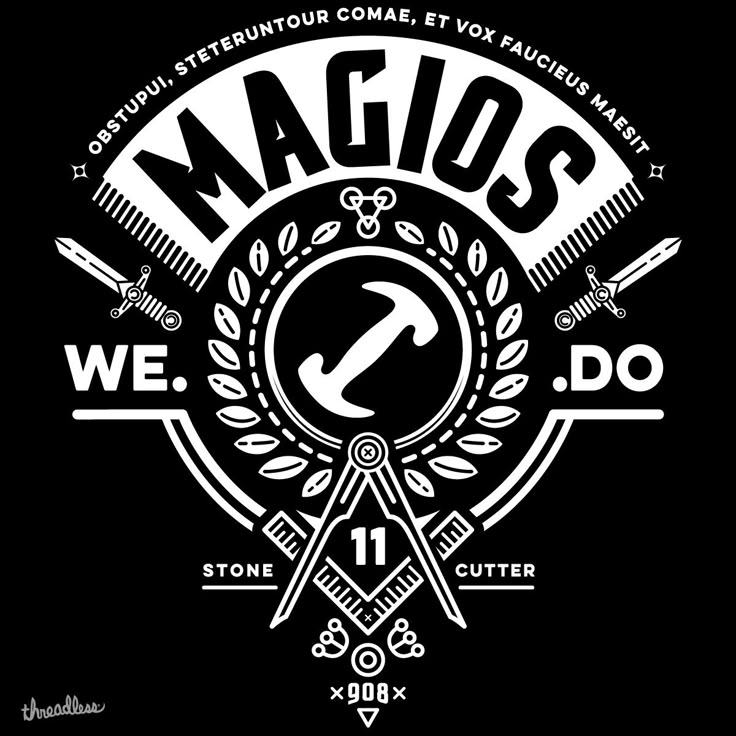 the logo for magos we do, with scissors and other tools in it on a black background