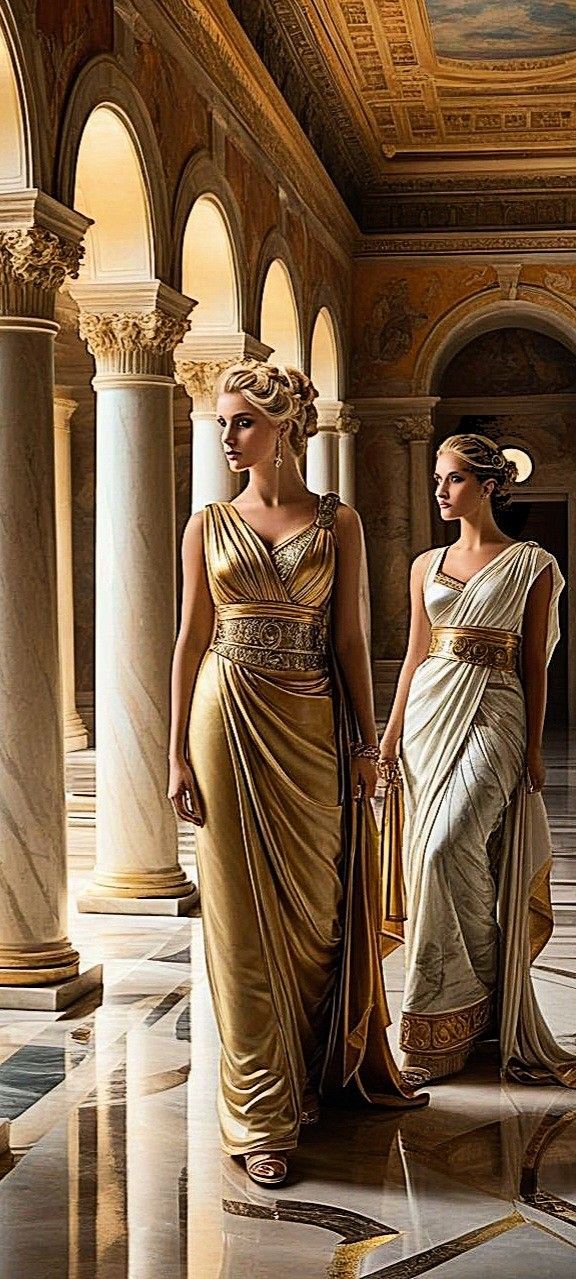 two women dressed in gold and white gowns are walking through an ornate building with columns