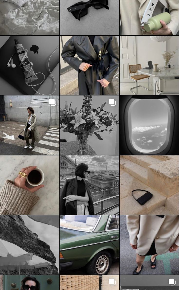 the collage shows many different images and people in black and white outfits, with one person standing on an airplane