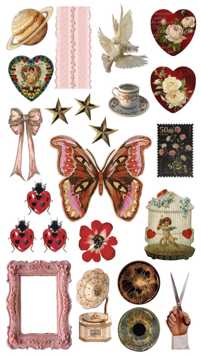 many different items are arranged in the shape of hearts and flowers, such as butterflies