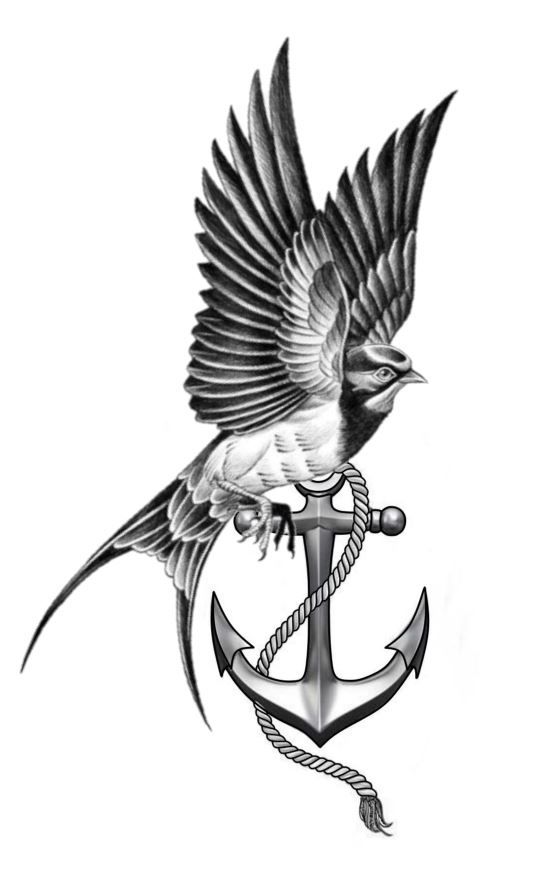 a black and white drawing of a bird on an anchor